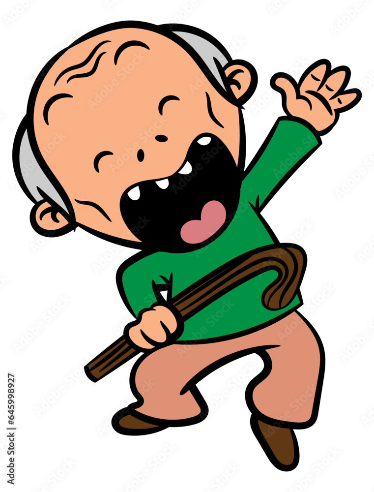 Cartoon illustration of Old Man carrying a stick and jumping. Best for sticker, logo, and mascot with nursing home themes Cartoon illustration of Old Man carrying a stick and jumping. Best for sticker, logo, and mascot with nursing home themes