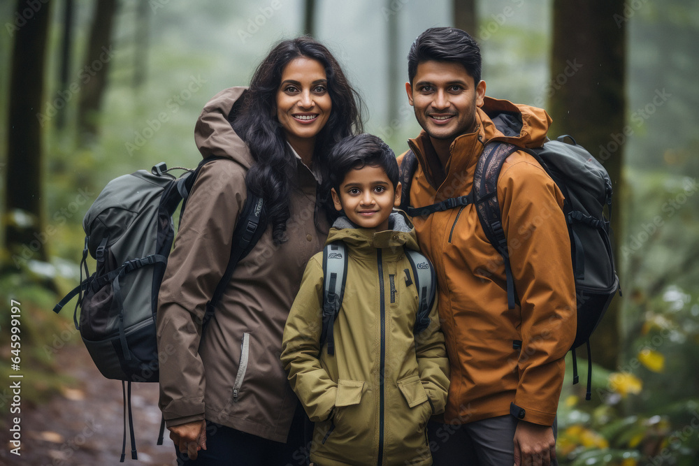 Happy indian family with backpacks. enjoying hike in a forest