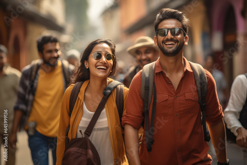 Happy indian couple tourist holding bag wearing sunglasses and enjoying journey