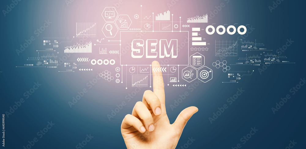 SEM - Search Engine Marketing theme with hand pressing a button on a technology screen SEM - Search Engine Marketing theme with hand pressing a button on a technology screen