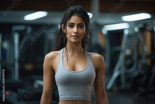 Young muscular woman standing at gym.
