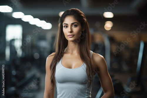 Young muscular woman standing at gym. © PRASANNAPIX