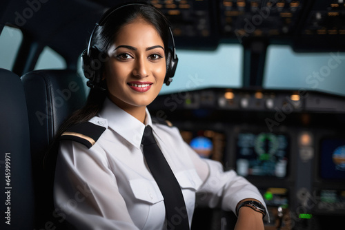 Young and confident female pilot at airplane.