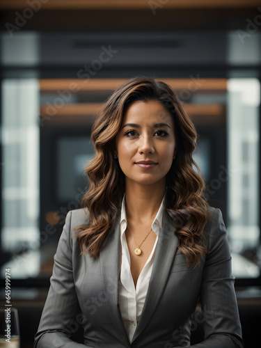 Dynamic young professional woman leading a compelling boardroom presentation. Image created using artificial intelligence.