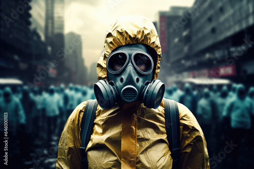 Scientist Doctor in Yellow Hazmat Suit and Mask, Virus Protection, Contagions, COVID, Flu, Outbreak, Ebola, Person, Generative AI