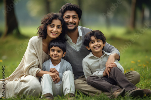 Happy indian family sitting together at garden or park.