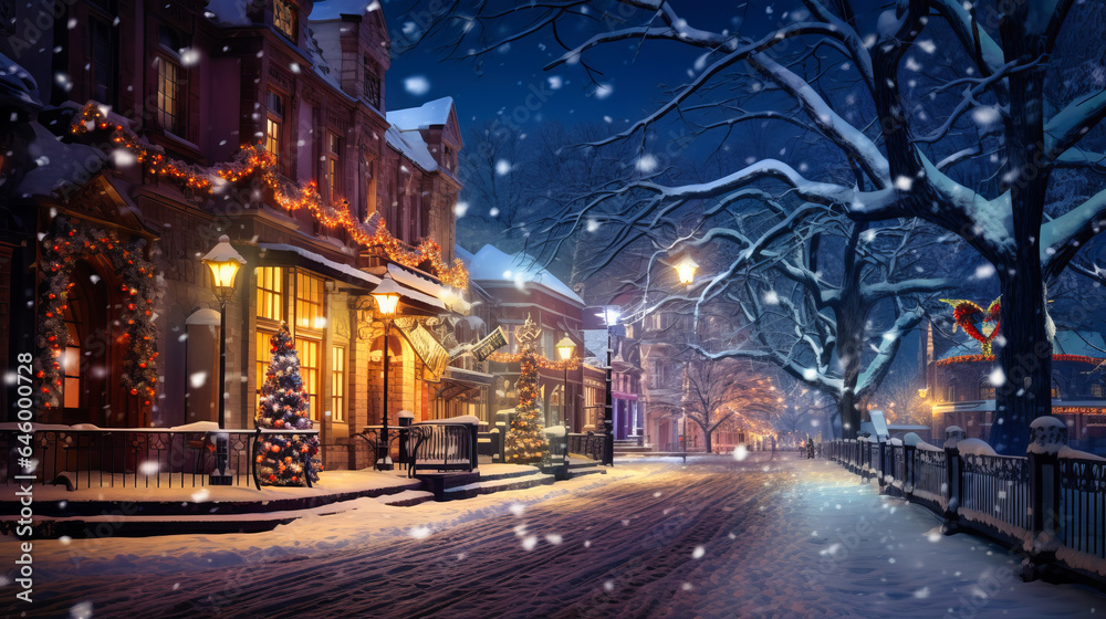 The image encapsulates a winter wonderland in the city. A festive Christmas tree and a radiant streetlight imbue the snowy street with enchantment. Snowflakes dance in a magical glow. Generative AI