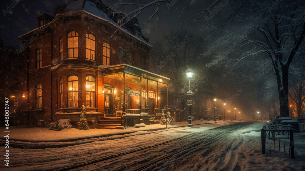 A tranquil snowy night highlights a lone Victorian building and an empty street. Snowflakes shimmer in the streetlights while train tracks fade into a wintry abyss. Generative AI