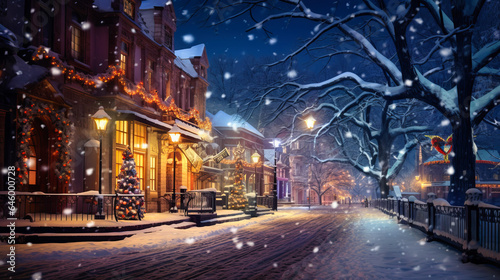 The image encapsulates a winter wonderland in the city. A festive Christmas tree and a radiant streetlight imbue the snowy street with enchantment. Snowflakes dance in a magical glow. Generative AI