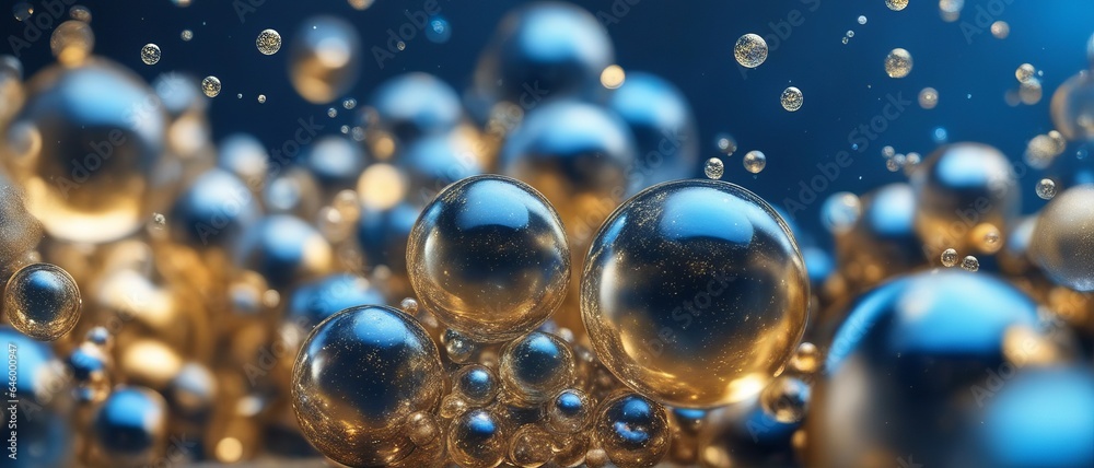 A bunch of magical blue and gold bubbles, macro, wallpaper