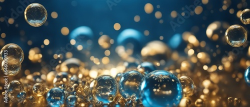 A bunch of magical blue and gold bubbles that are in the air, the wallpaper
