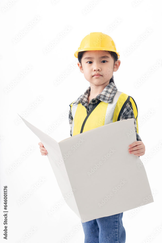 Happiness cute Asian girl wearing yellow Engineer suit on isolate white background