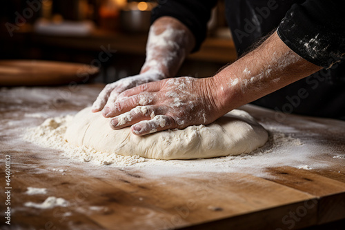 A male cook kneads dough for baking bread on a wooden table with his hands.