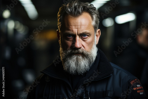 Mature bearded caucasian male security guard in surveillance room