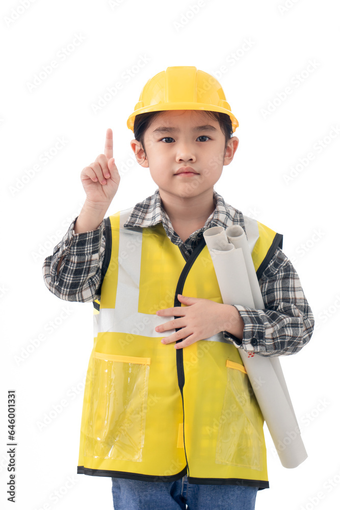 Happiness cute Asian girl wearing yellow Engineer suit on isolate white background