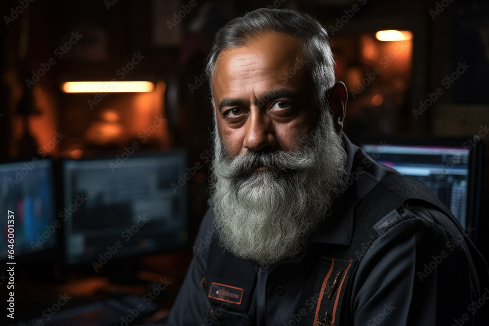 Bearded mature indian male security guard in surveillance room Bearded mature indian male security guard in surveillance room