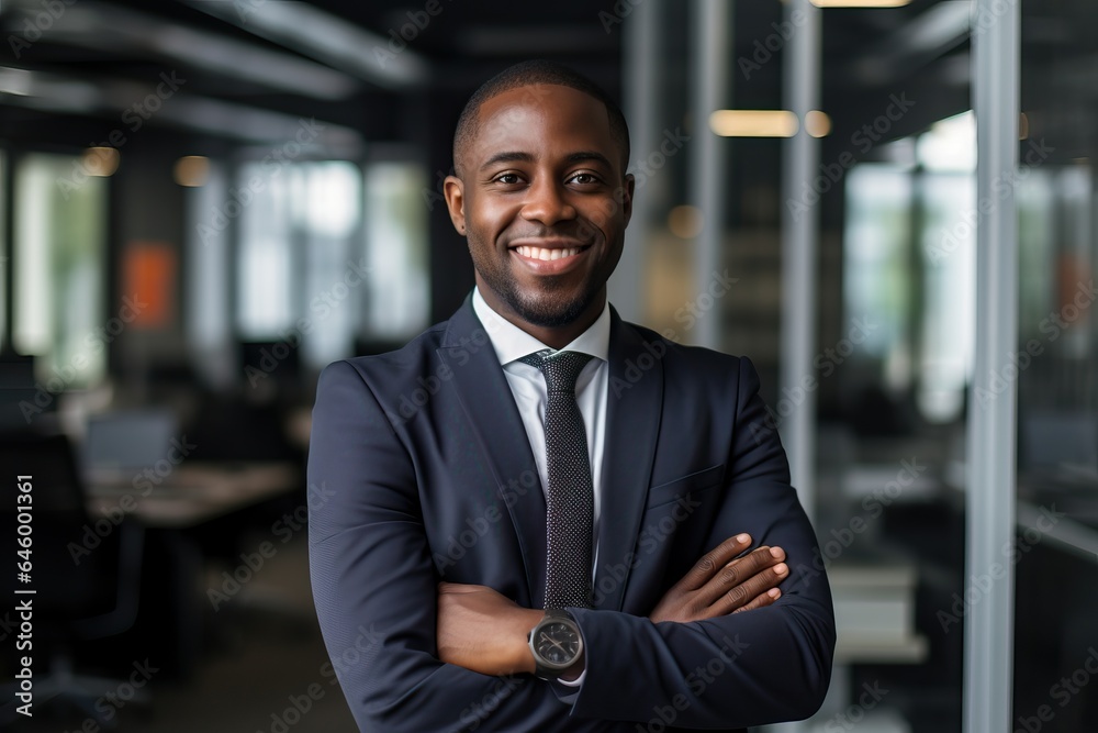 Fototapeta premium Smiling black executive posing with his arms crossed at the office
