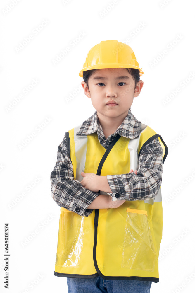 Happiness cute Asian girl wearing yellow Engineer suit on isolate white background Happiness cute Asian girl wearing yellow Engineer suit on isolate white background