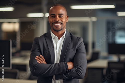Smiling black executive posing with his arms crossed at the office