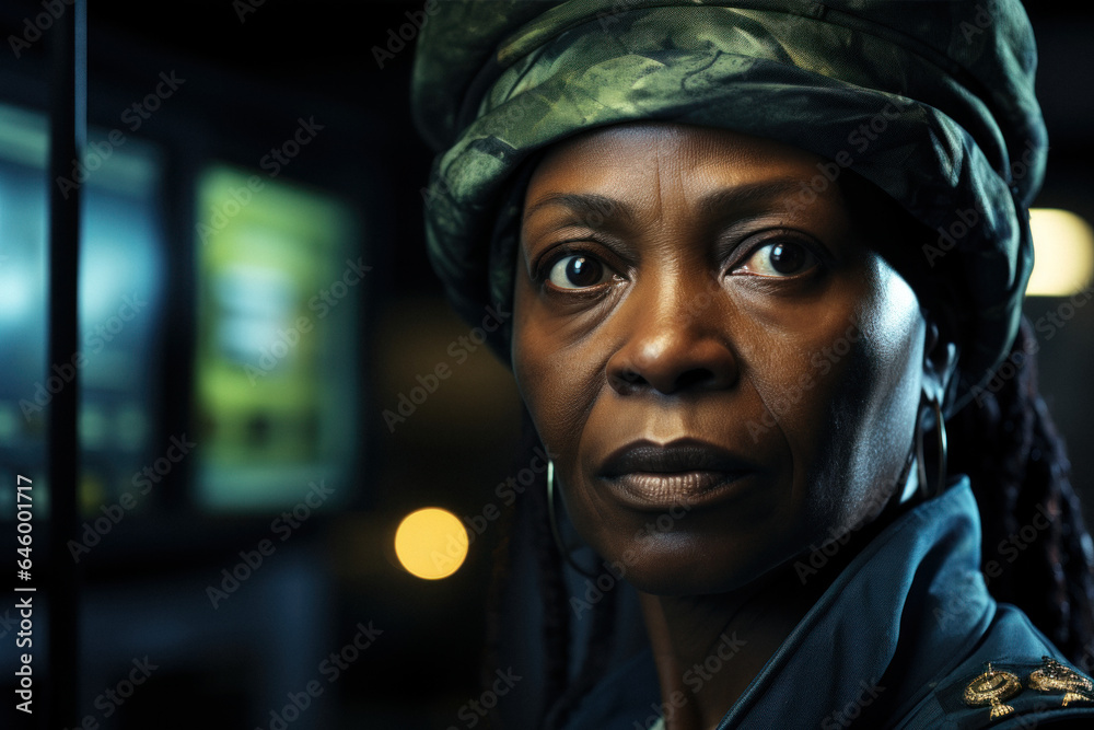 Senior beautiful african female security guard in surveillance room Senior beautiful african female security guard in surveillance room