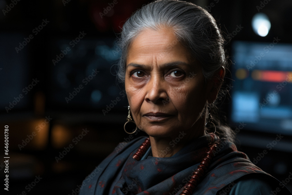 Senior indian female security guard in surveillance room Senior indian female security guard in surveillance room