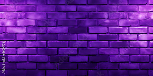 Neon light on an old brick wall. Close-up. Purple magenta background with space for design. Empty. Lighting effect. Grunge backdrop. Generative AI