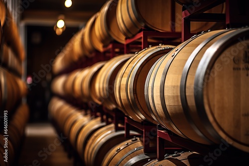 Wooden barrels in modern wine cellar. Wine production. Winery industry environment.
