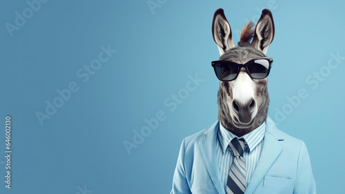 Donkey dog wearing funky fashion dress and glasses. Donkey posing as model © Melipo-Art