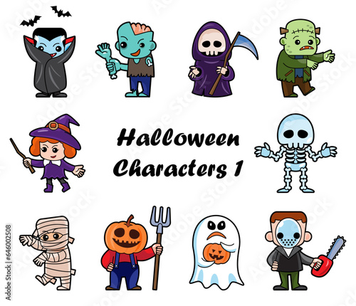 Cute halloween cartoon characters . White isolated background . Vector . Set 1 of 4 .