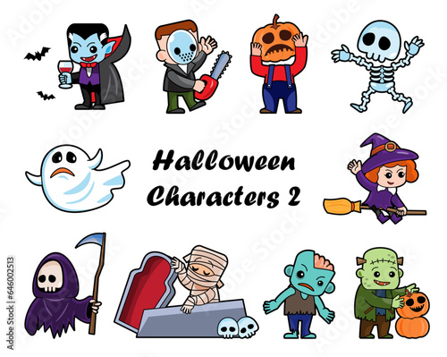 Cute halloween cartoon characters . White isolated background . Vector . Set 2 of 4 .