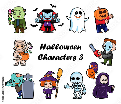 Cute halloween cartoon characters . White isolated background . Vector . Set 3 of 4 .