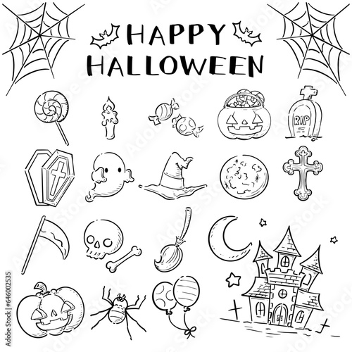 手描きのハロウィンのイラストセット　モノクロ