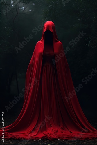 A mysterious woman wearing a red hood in the woods. Great for stories on fantasy, witchcraft, wicca, secrets, druids, mages and more.