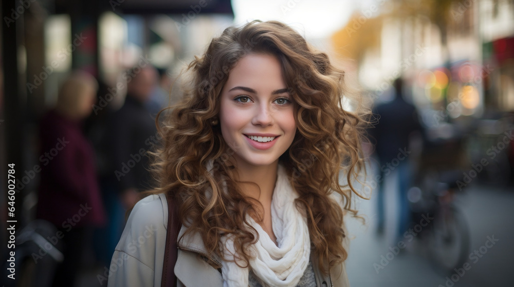 Young white woman on her 30 with wavy long hair on the street, portrait, while walking down street. Outdoor shot of pleasant woman posing on urban background.