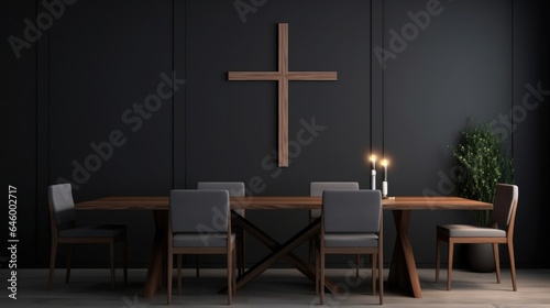 Interior of modern dining room with wooden table and chairs. Christian home interior