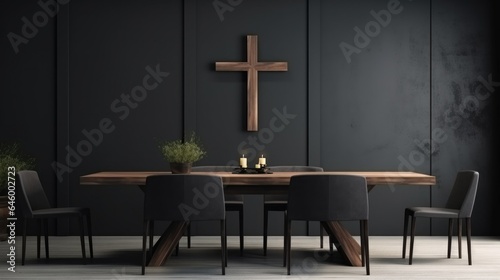 Interior of modern dining room with wooden table and black chairs. Christian home interior