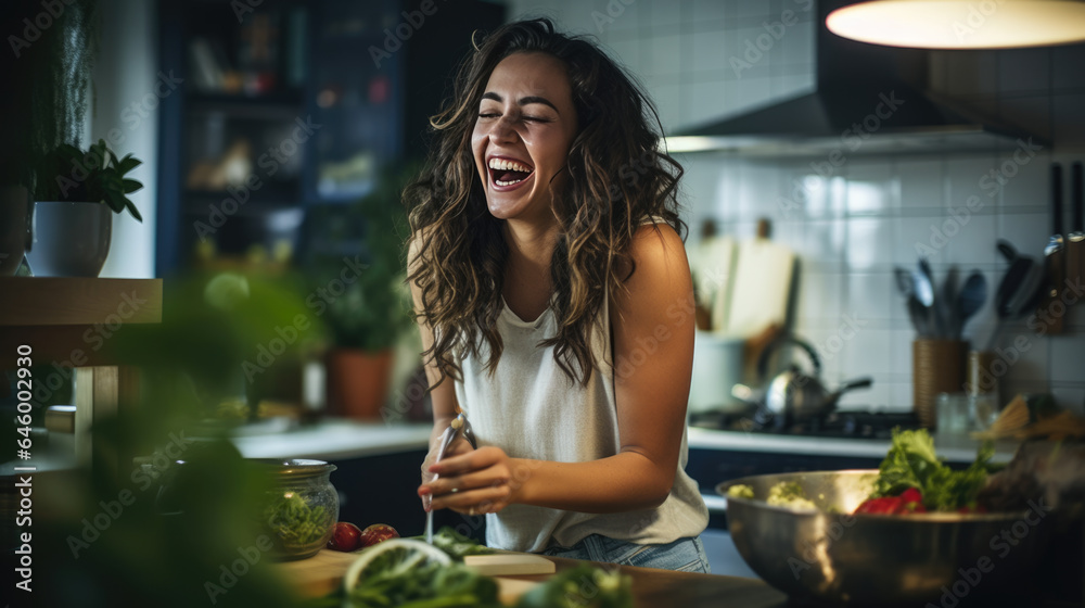 Young woman laughs while cooking in the kitchen