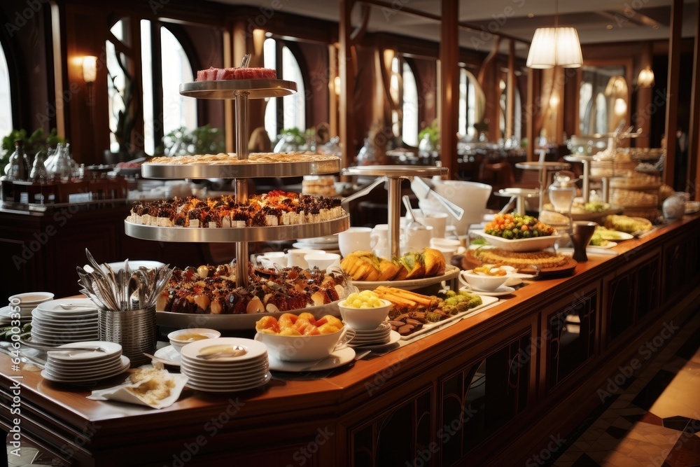 Buffet table full of food in a luxury hotel