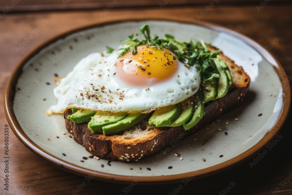 Plate with bread and fried egg and avocado Plate with bread and fried egg and avocado