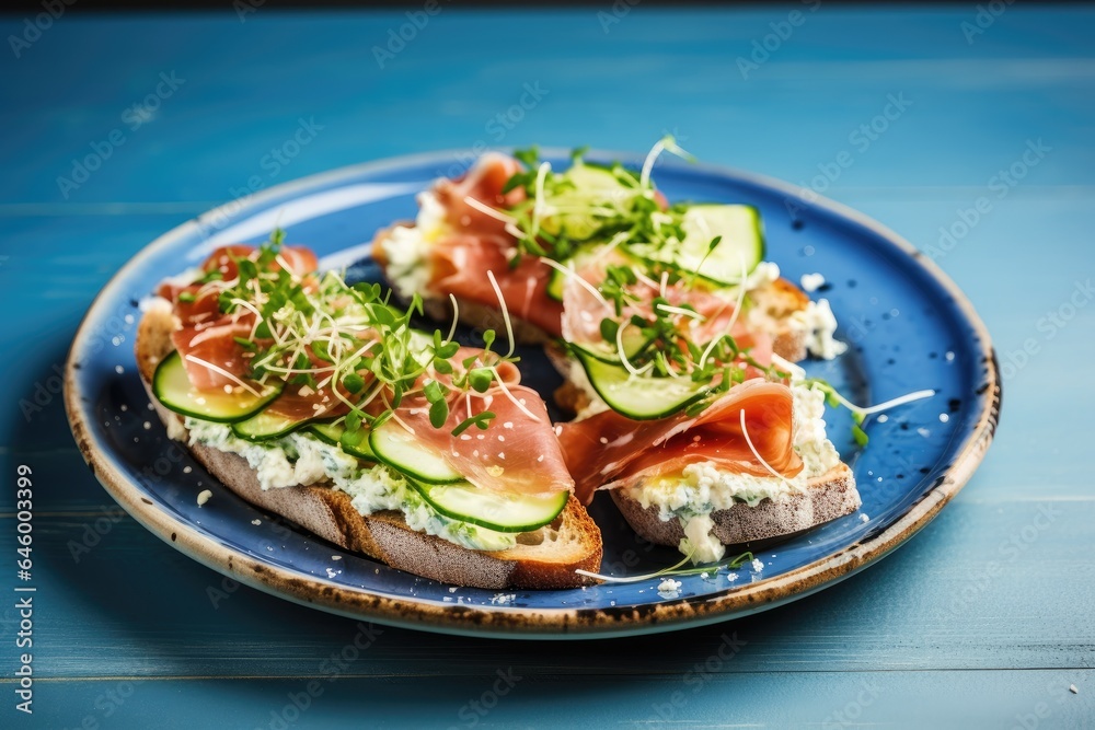 Sandwiches with cream cheese prosciutto cucumber and arugula on plate Sandwiches with cream cheese prosciutto cucumber and arugula on plate