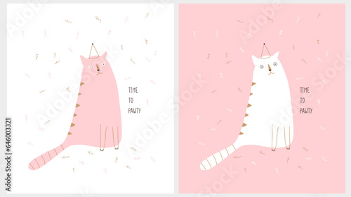 Time to Pawty. Funny Hand Drawn Vector Illustration with Pink and White Party Cat isolated on a White and Light Pink Background. Happy Cat in a Party Hat Sitting Among Falling Confetti. RGB Colors.