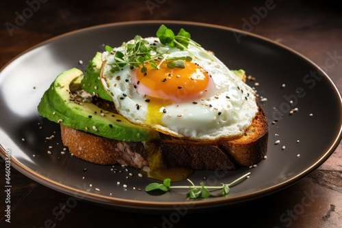 Plate with bread and fried egg and avocado