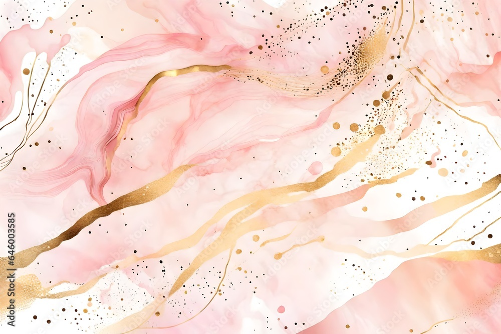 Fototapeta premium Abstract pink blush liquid watercolor background with golden lines, dots and stains. Pastel marble alcohol ink drawing effect. Vector illustration design template for wedding invitation