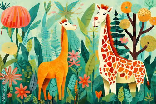 Kids illustration of abstract giraffes with flowers and plants. Colorful nursery art  beautiful artistic image for poster  wallpaper  art print.