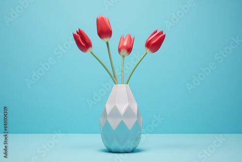 Vase with beautiful red tulips on table against blue background space for text copy generative ai