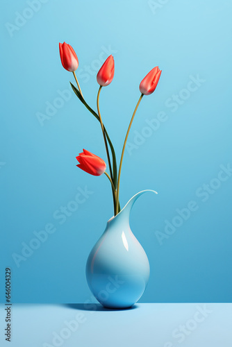 Vase with beautiful red tulips on table against blue background space for text copy generative ai