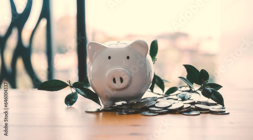 concept of saving investment and retirement, pink piggy bank and coins on the table, for saving money wealth, and financial concepts, copy space