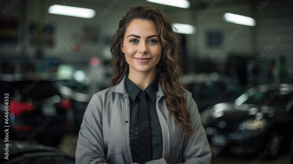 Portrait of a female mechanic in a car service against the backdrop of cars.