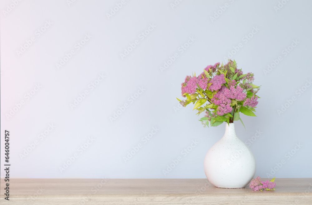 pink spirea in white vase on wooden shelf pink spirea in white vase on wooden shelf
