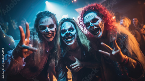 Young People in Costumes Celebrating Halloween. Group of Young Happy Friends Wearing Halloween Costumes having Fun at Party in Nightclub